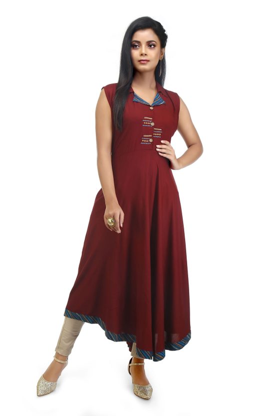 Embroidered Rayon Maroon Kurti