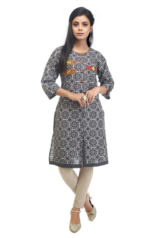 Embroidered Cotton Gray Kurti