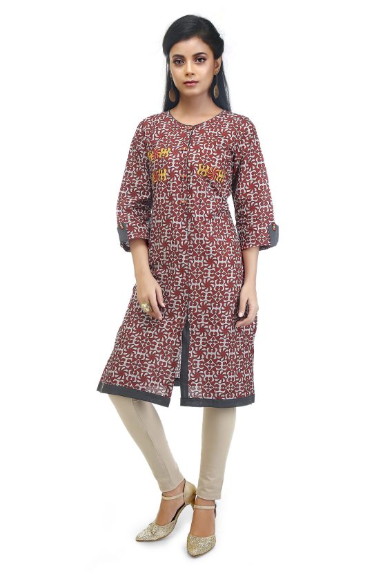 Embroidered Cotton maroon Kurti