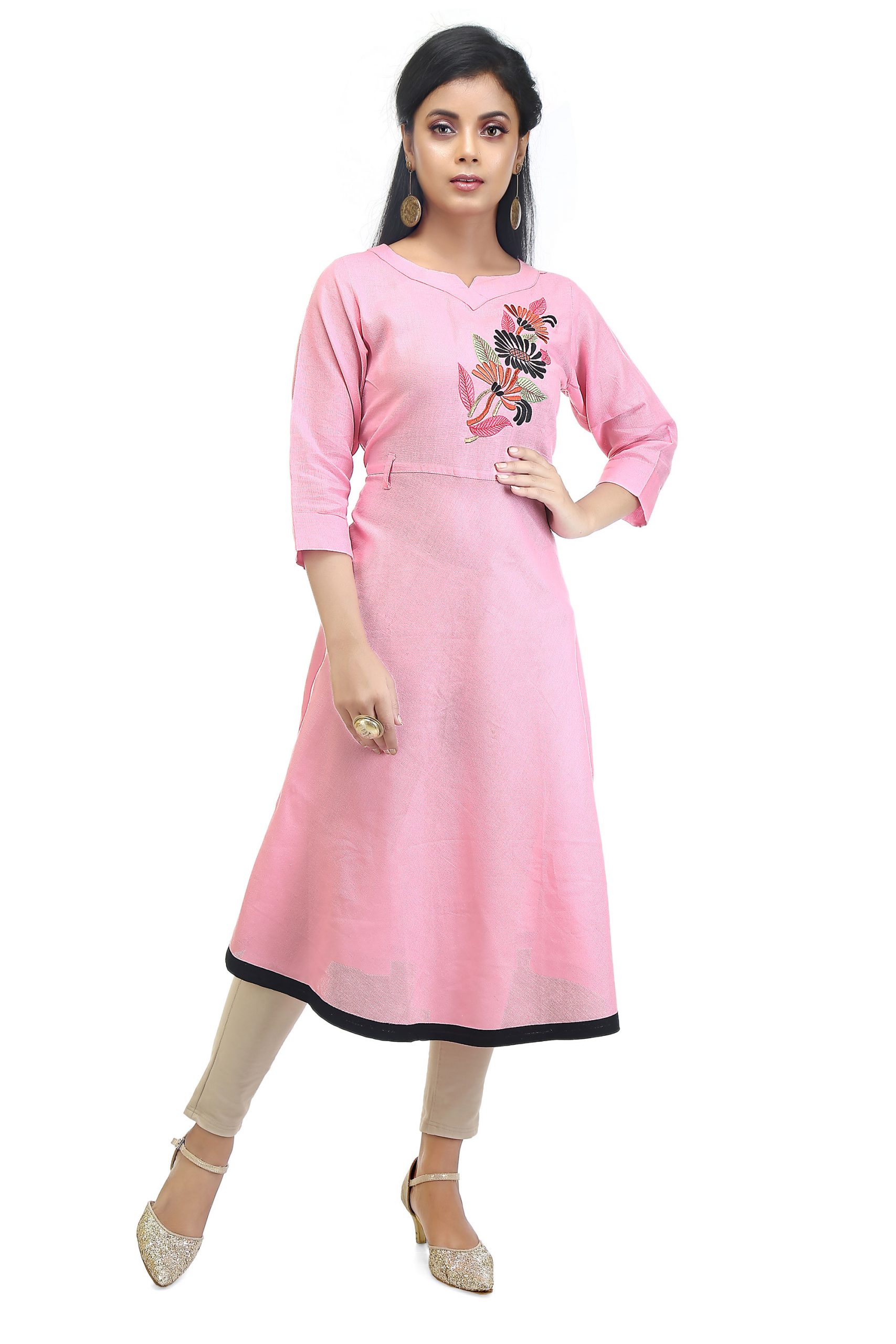 Embroidered Pink Midi Dress