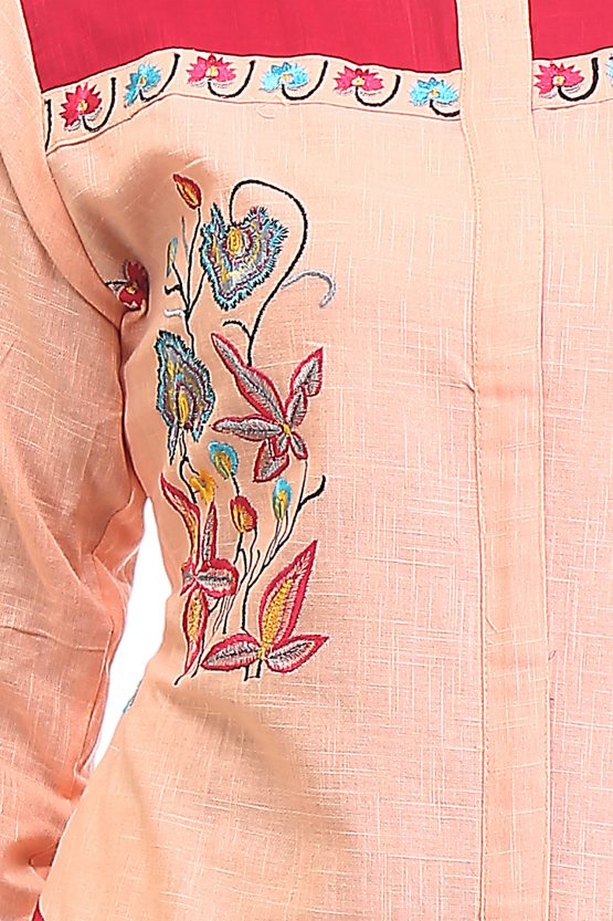 Embroidered Peach Pink Cotton Kurti
