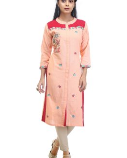 Embroidered Peach Pink Cotton Kurti