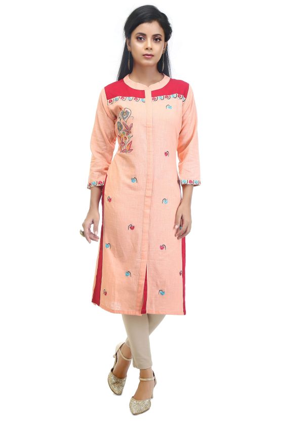 Embroidered Peach Pink Cotton Kurti