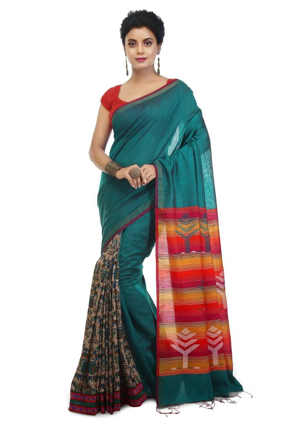 hand paint and hand block blended saree