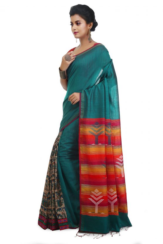 hand paint and hand block blended saree