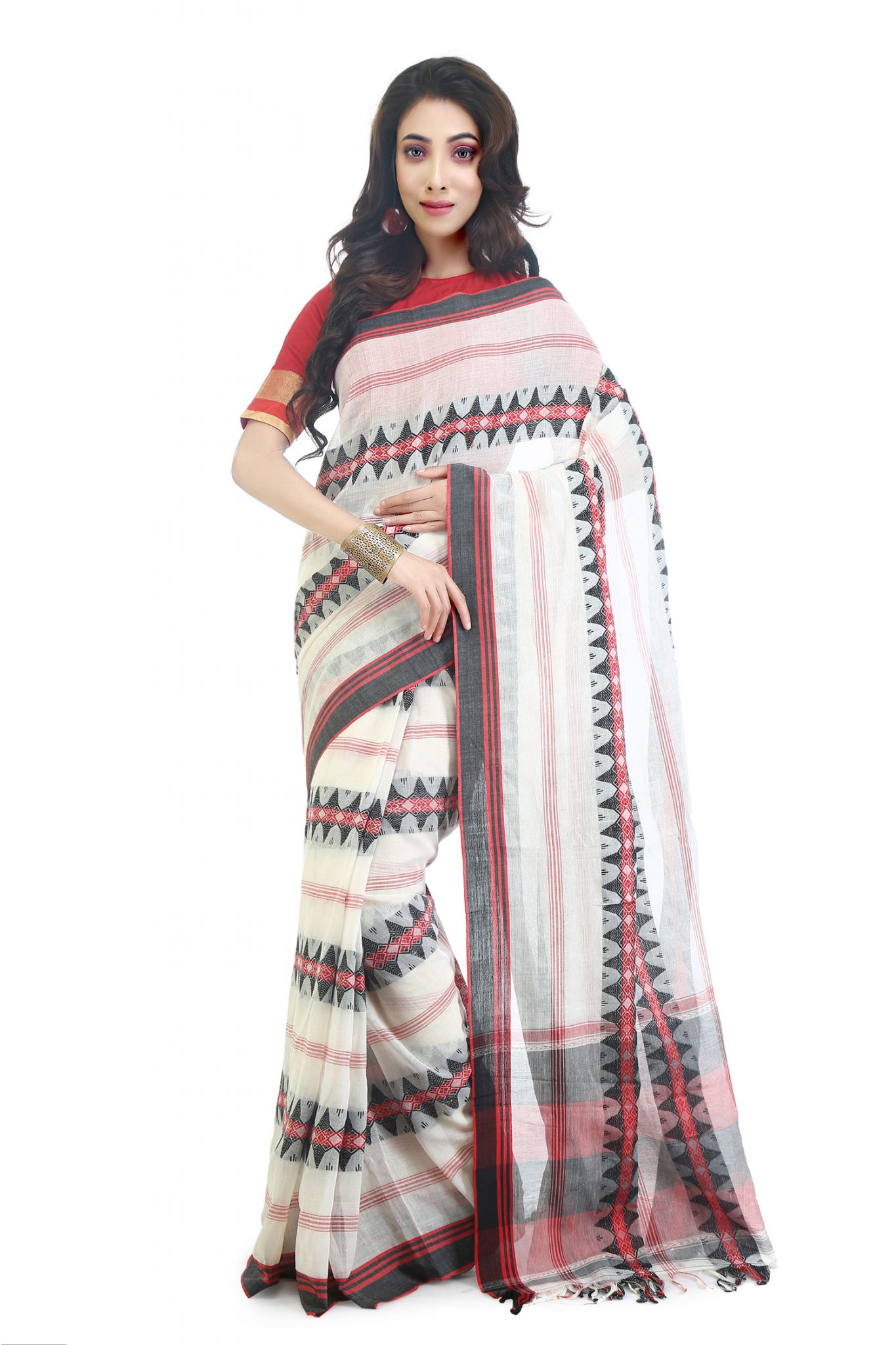 Dhaniakhali Cotton Saree-Water Melon - TheCrazyLooms