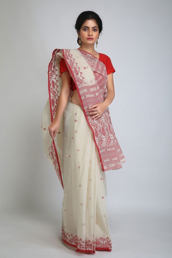 Jamdani Saree-Red Crab On White Sand