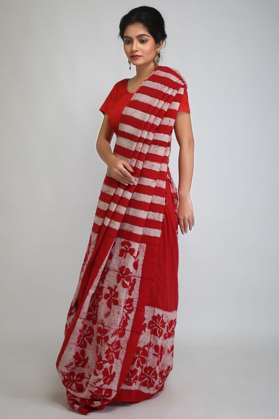 Hand Crafted Batik Saree-Red Rose