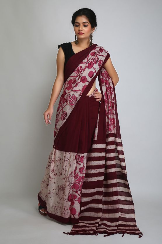 Hand Crafted Batik Saree-Maroon Blaze