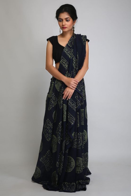 Hand Crafted Batik Saree-Navy Zone