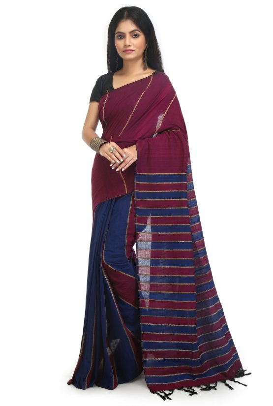 Khesh Cotton Saree-Dark Cherry