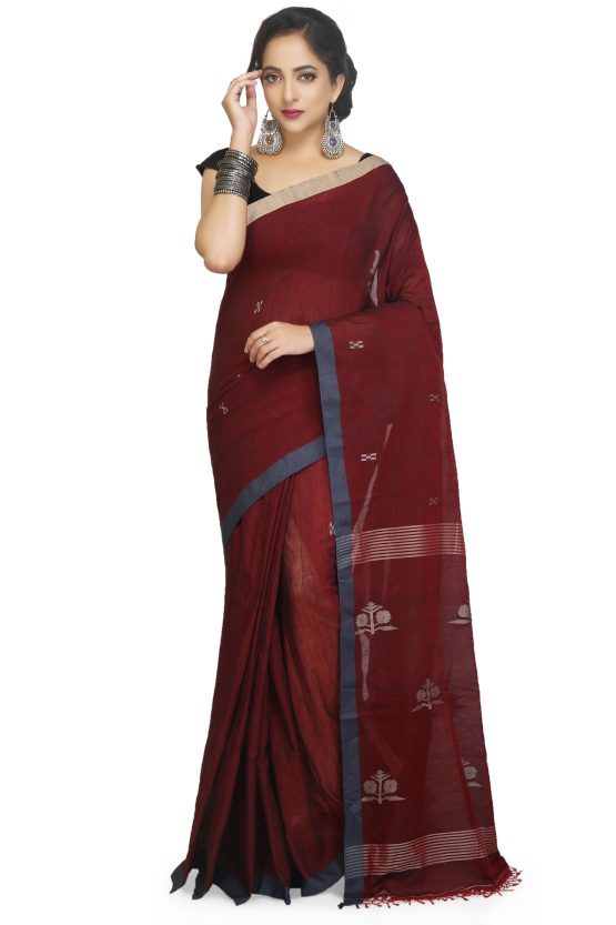 Jacquard Jamdani Saree-Pinot Noir