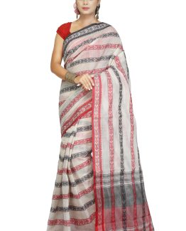 Dhaniakhali Cotton Saree-Red Coral