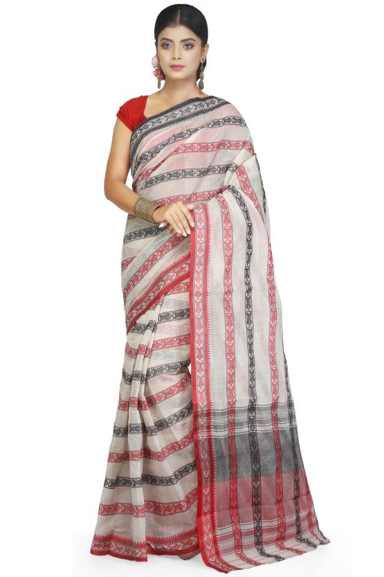 Dhaniakhali Cotton Saree-Red Coral