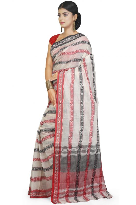 Dhaniakhali Cotton Saree-Red Coral