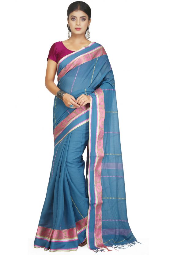 Begampuri Cotton Saree-Blue Bag