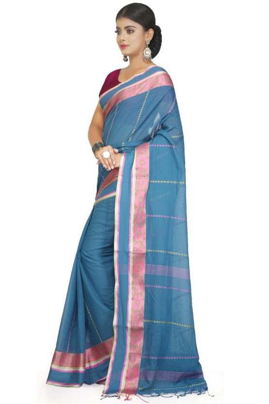 Begampuri Cotton Saree-Blue Bag